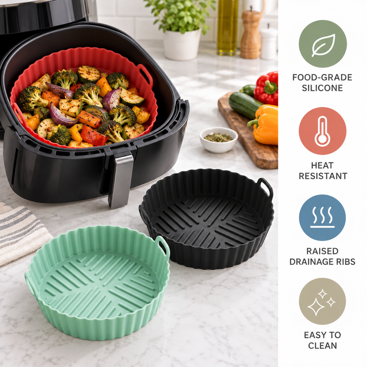Reusable Silicone Air Fryer Liners, Food-Grade Air Fryer Basket Inserts with Raised Drainage Ribs, Heat-Resistant Nonstick Cooking Pots, Easy-Clean Accessories for Roasting, Baking and Reheating