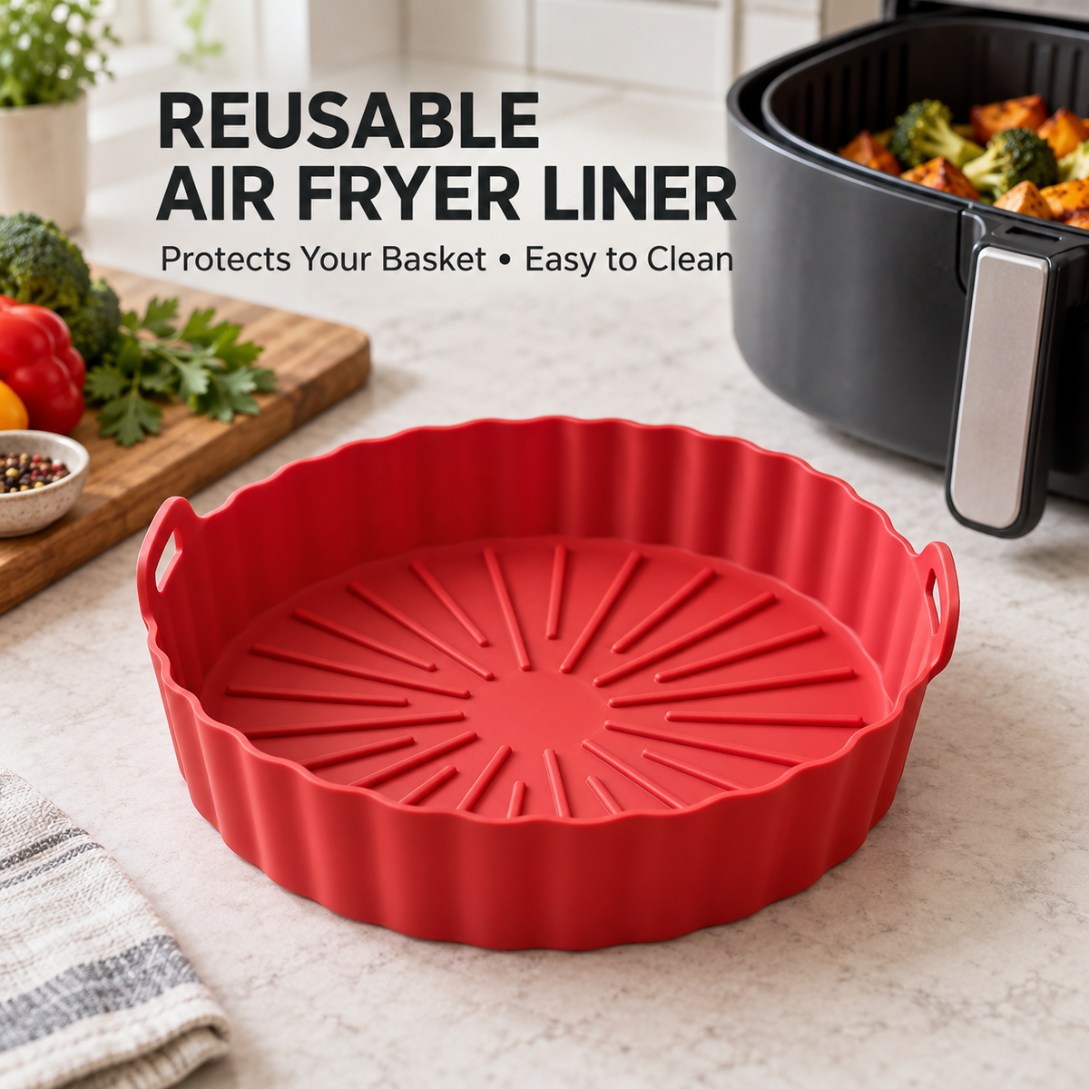 Reusable Silicone Air Fryer Liners, Food-Grade Air Fryer Basket Inserts with Raised Drainage Ribs, Heat-Resistant Nonstick Cooking Pots, Easy-Clean Accessories for Roasting, Baking and Reheating