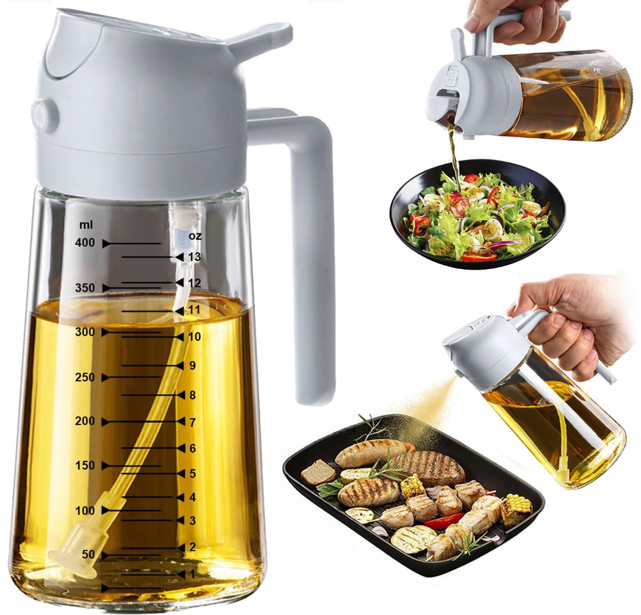 470ml Glass Olive Oil Sprayer, 2-in-1 Oil Dispenser Bottle for Cooking, Oil Sprayer & Pourer for Kitchen, Air Fryer, Salad, BBQ and Baking
