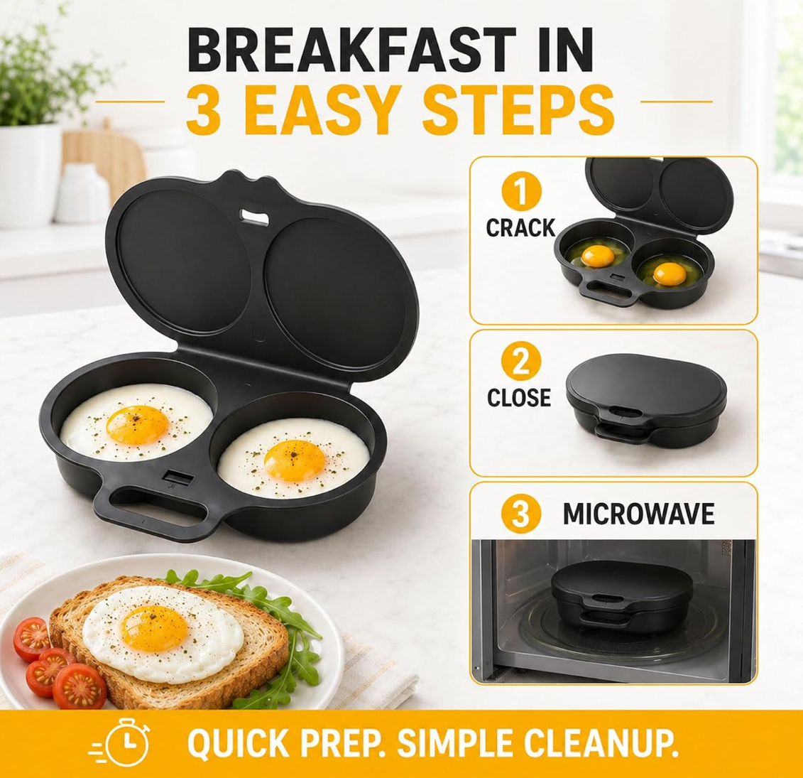 Microwave Egg Cooker, 2-Cavity Egg Poacher with Lid and Handle, Nonstick Egg Steamer for 2 Eggs, No-Oil Quick Cooking, Food-Grade PP Microwave Egg Maker, Black