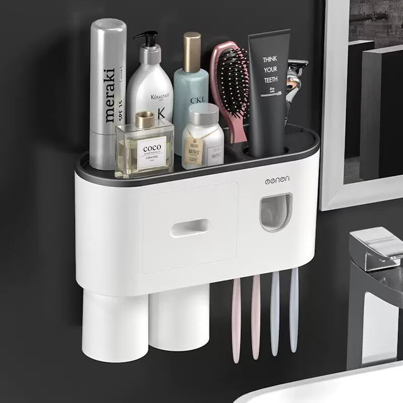 Wall-Mounted Bathroom Toothbrush Holder with Toothpaste Dispenser, 2 Rinse Cups, Storage Compartment and Top Shelf – No-Drill Bathroom Organizer