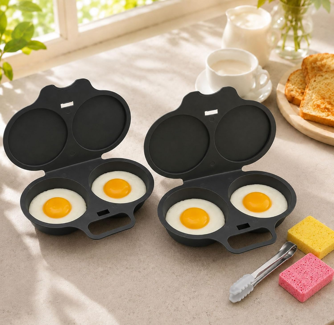 Microwave Egg Cooker, 2-Cavity Egg Poacher with Lid and Handle, Nonstick Egg Steamer for 2 Eggs, No-Oil Quick Cooking, Food-Grade PP Microwave Egg Maker, Black