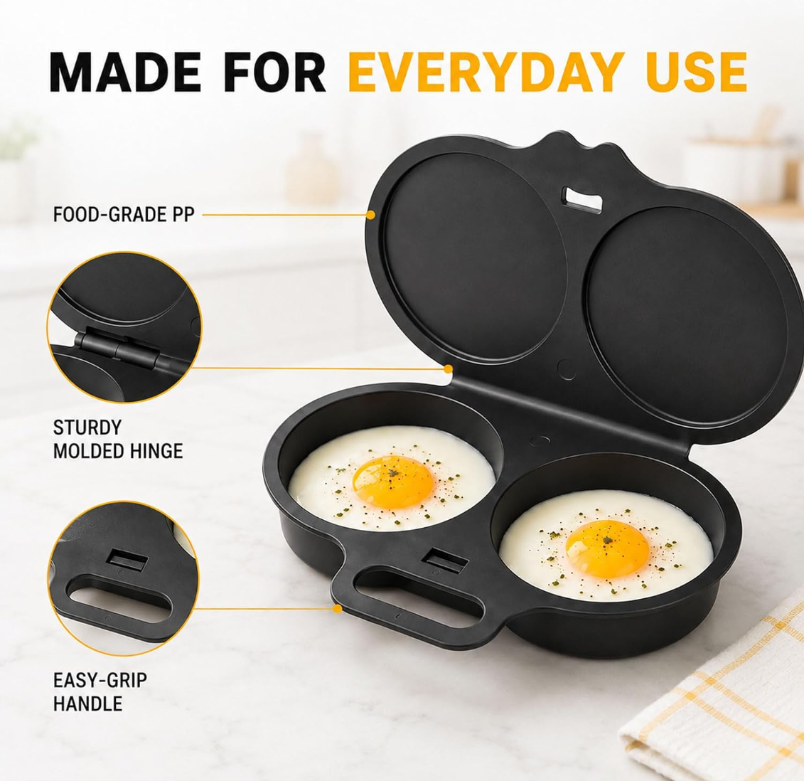 Microwave Egg Cooker, 2-Cavity Egg Poacher with Lid and Handle, Nonstick Egg Steamer for 2 Eggs, No-Oil Quick Cooking, Food-Grade PP Microwave Egg Maker, Black