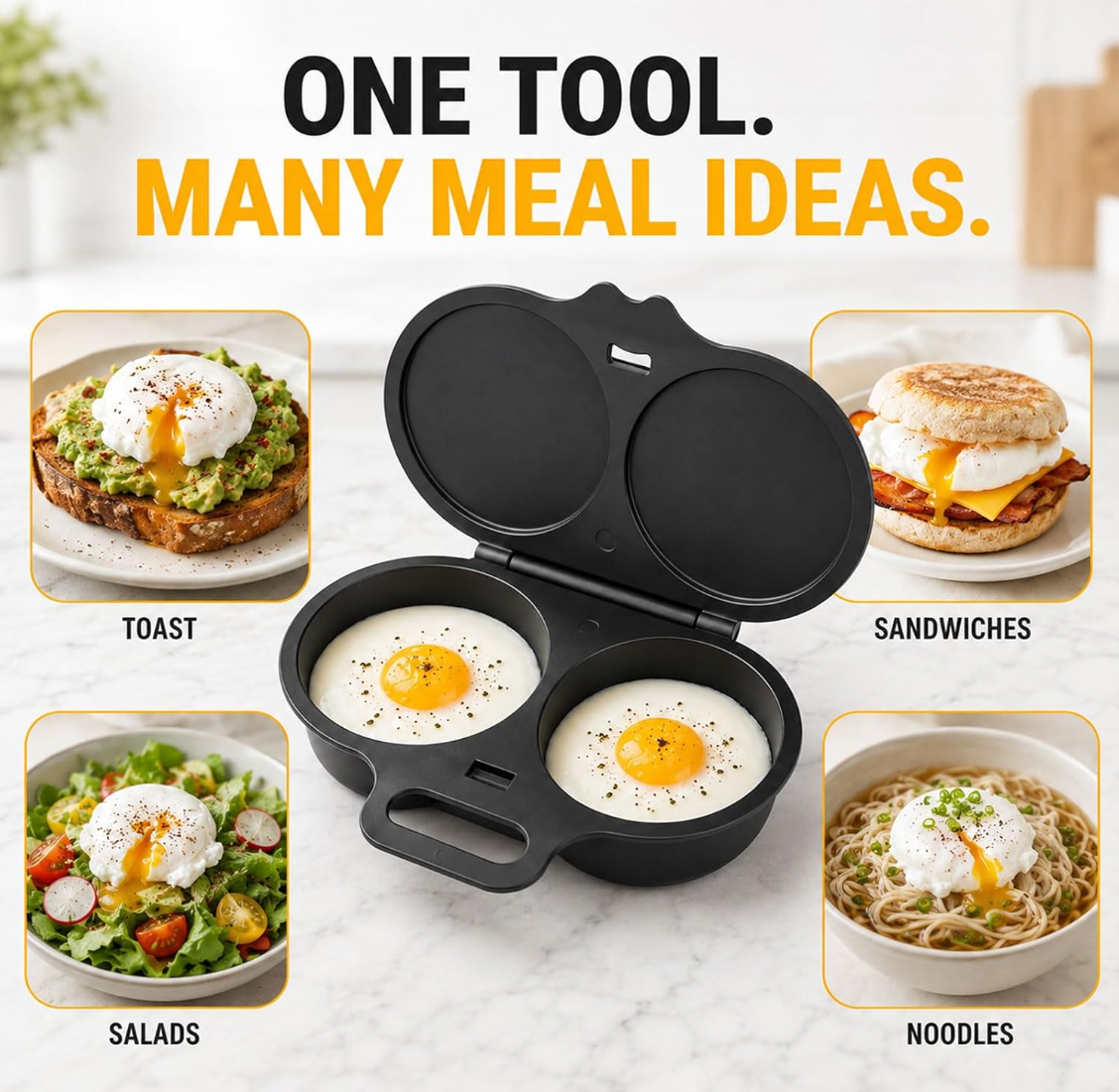 Microwave Egg Cooker, 2-Cavity Egg Poacher with Lid and Handle, Nonstick Egg Steamer for 2 Eggs, No-Oil Quick Cooking, Food-Grade PP Microwave Egg Maker, Black