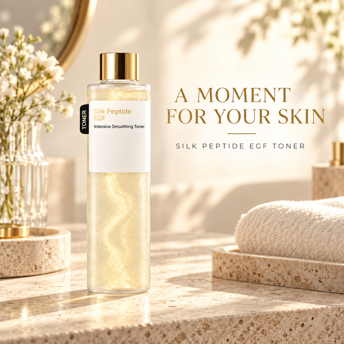 EGF Intensive Smoothing Facial Toner, Pearlescent Liquid Skincare Step, Ivory Bottle with Gold-Tone Cap