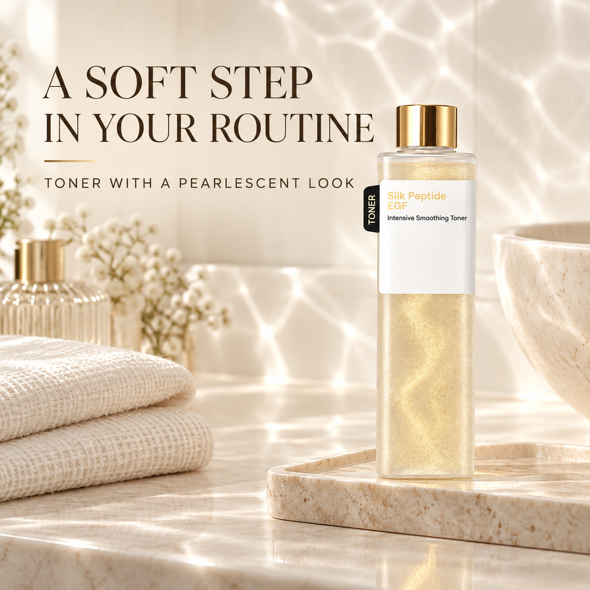 EGF Intensive Smoothing Facial Toner, Pearlescent Liquid Skincare Step, Ivory Bottle with Gold-Tone Cap