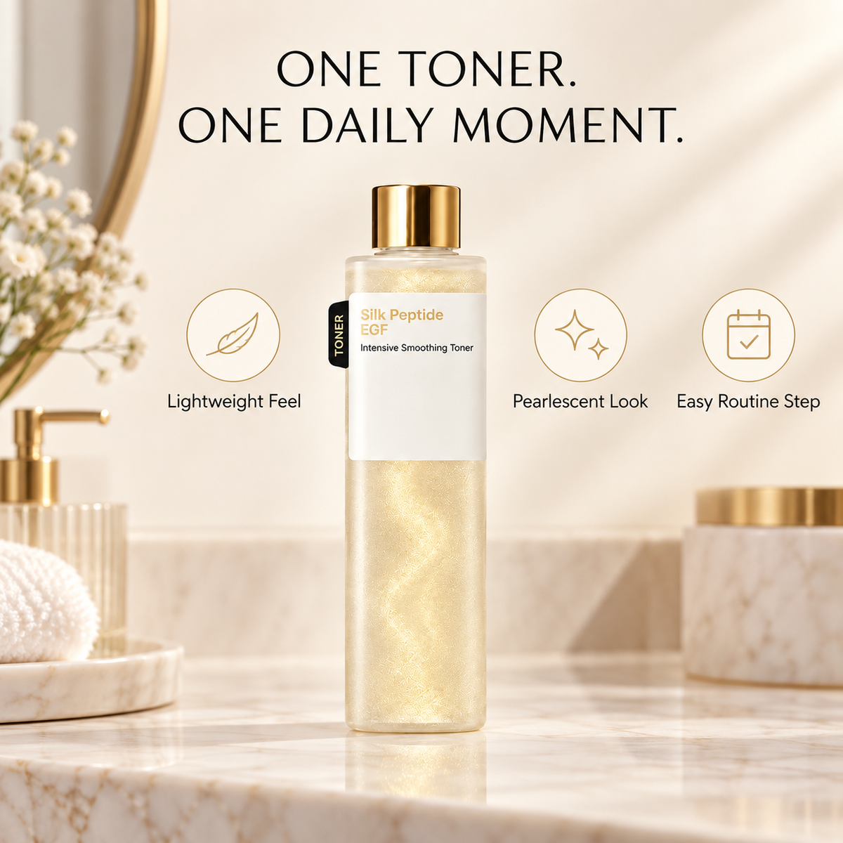 EGF Intensive Smoothing Facial Toner, Pearlescent Liquid Skincare Step, Ivory Bottle with Gold-Tone Cap