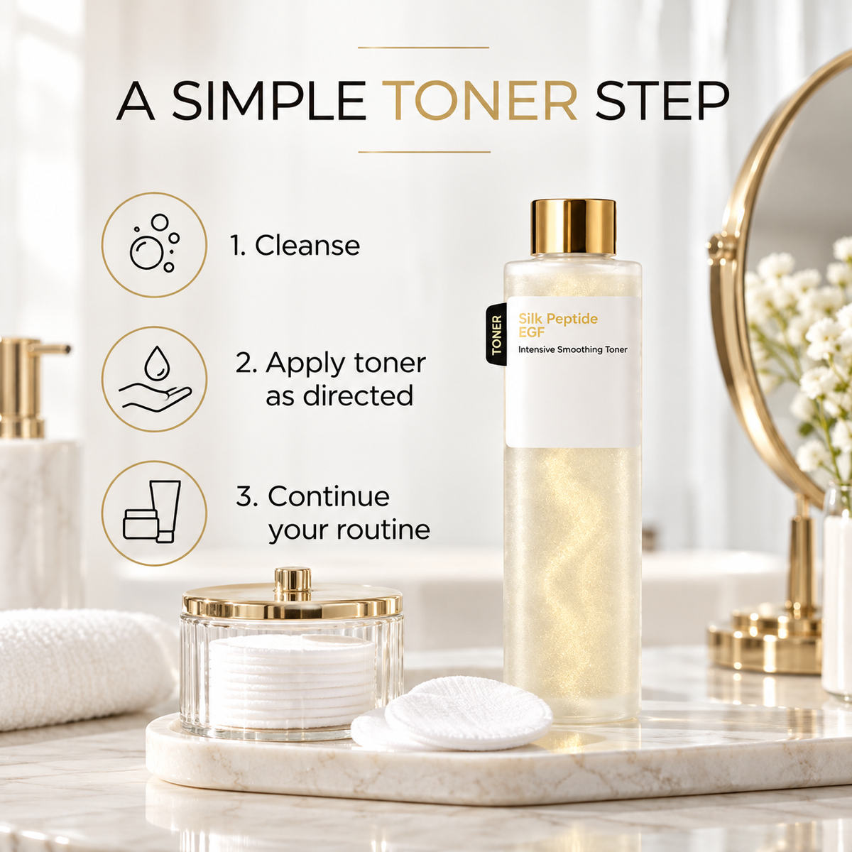 EGF Intensive Smoothing Facial Toner, Pearlescent Liquid Skincare Step, Ivory Bottle with Gold-Tone Cap